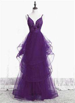 Picture of Pretty Purple Tulle Layers with Lace Long Evening Dress, Purple Formal Dresses Party Dress